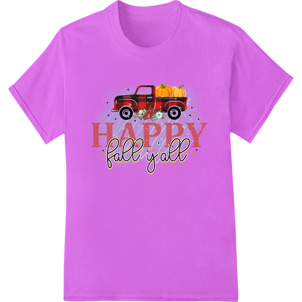 Vintage red truck with pumpkins and fall leaves in a rustic autumn scene, printed with 'Happy Fall Y'all' text