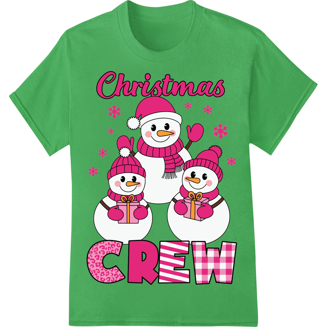 Adorable Pink Snowman Family | Festive Christmas DTF Print on green shirt - SUPERDTF-DTF Prints-DTF Transfers-Custom DTF Prints