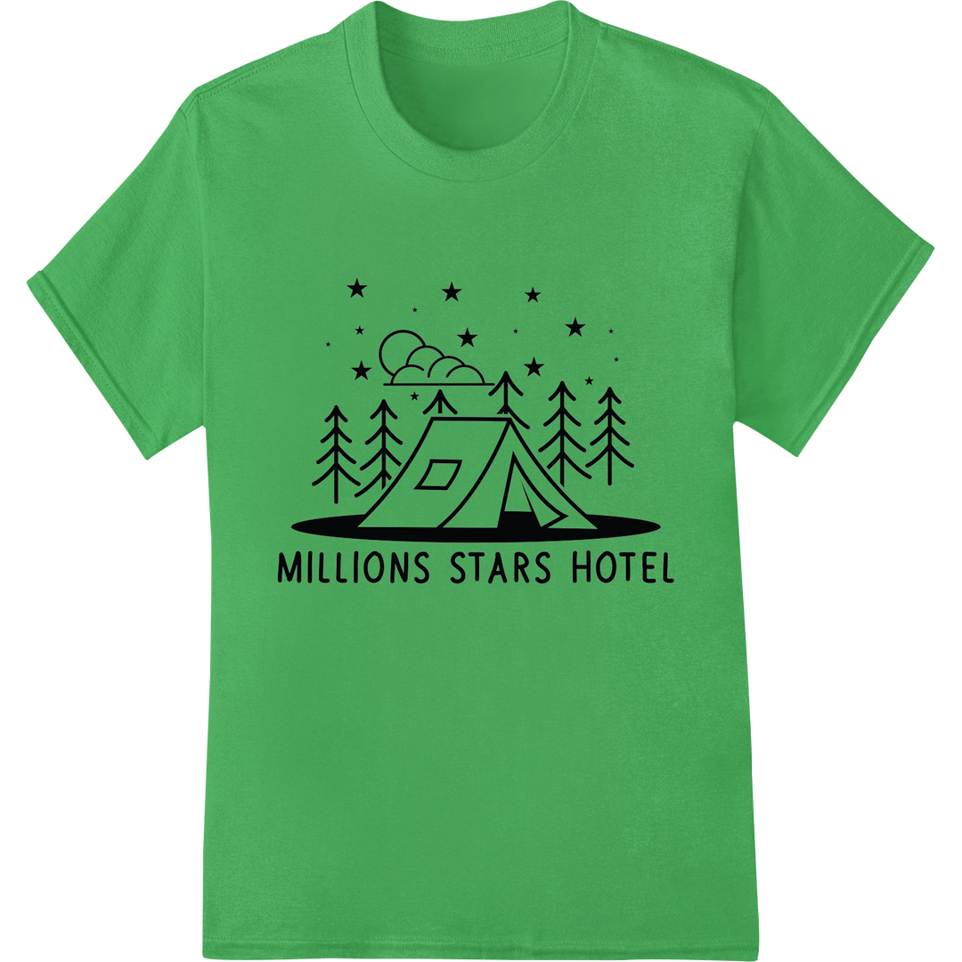 Millions Stars Hotel: Starry Night Camping Adventure DTF Print on green shirt - SUPERDTF-DTF Prints-DTF Transfers-Custom DTF Prints