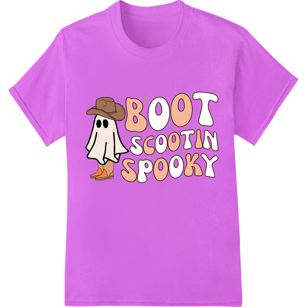 Boot Scootin' Spooky: Cowboy Ghost Halloween DTF Transfer on purple shirt - SUPERDTF-DTF Prints-DTF Transfers-Custom DTF Prints