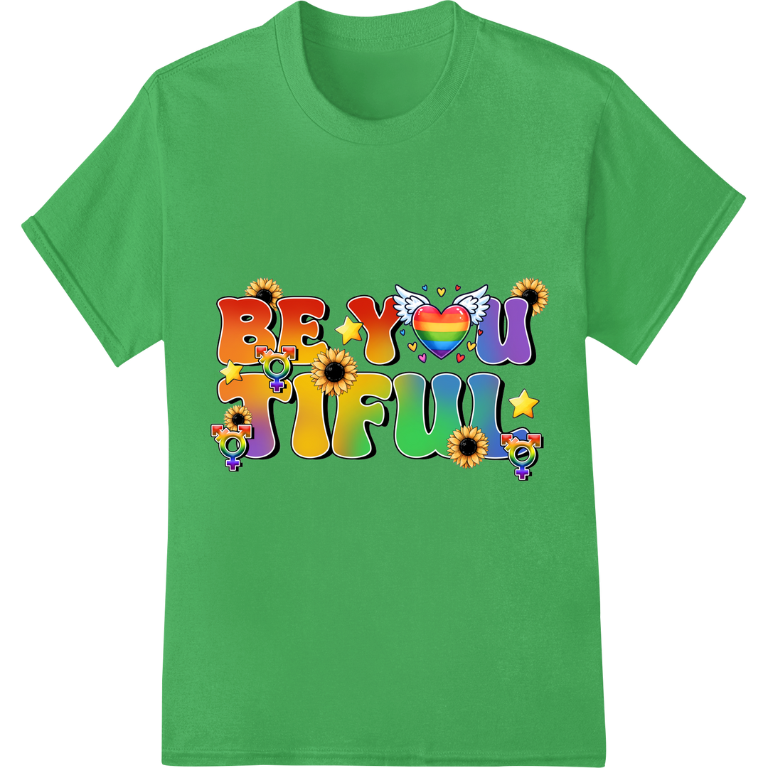 Vibrant 'BE YOU TIFUL' LGBT Pride DTF Print Transfer on green shirt - SUPERDTF-DTF Prints-DTF Transfers-Custom DTF Prints