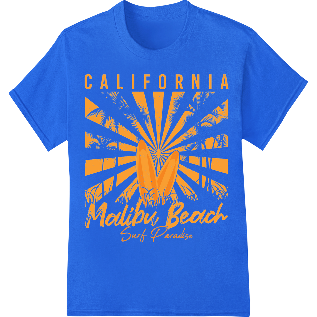 Retro Malibu Surf Paradise DTF Print Heat Transfer on blue shirt - SUPERDTF-DTF Prints-DTF Transfers-Custom DTF Prints