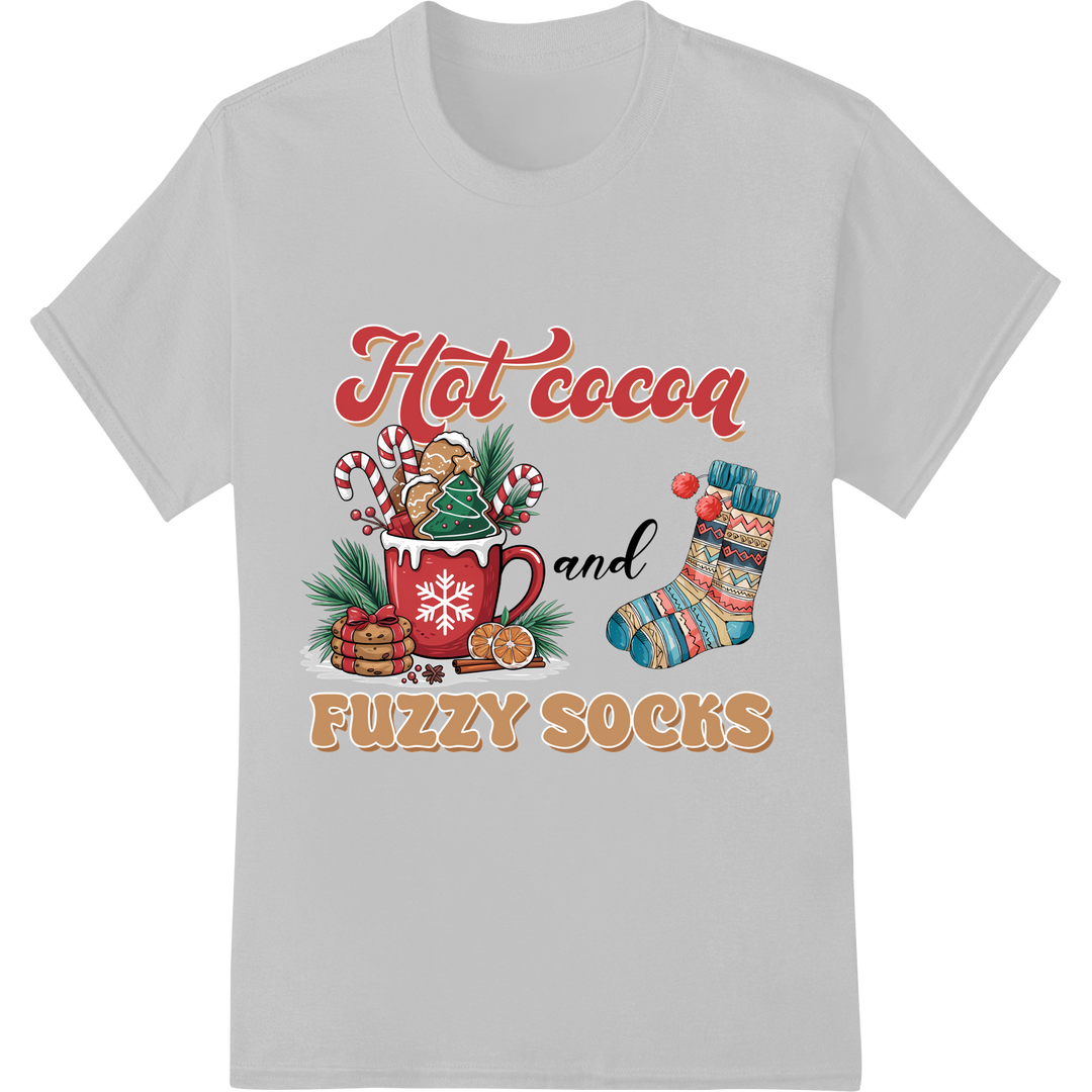 Cozy Christmas Cheer: Hot Cocoa & Fuzzy Socks DTF Print on white shirt - SUPERDTF-DTF Prints-DTF Transfers-Custom DTF Prints