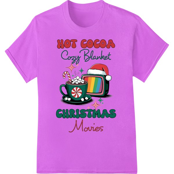 Cozy Christmas Cocoa: Snuggle Up with Holiday Movies on purple shirt - SUPERDTF-DTF Prints-DTF Transfers-Custom DTF Prints