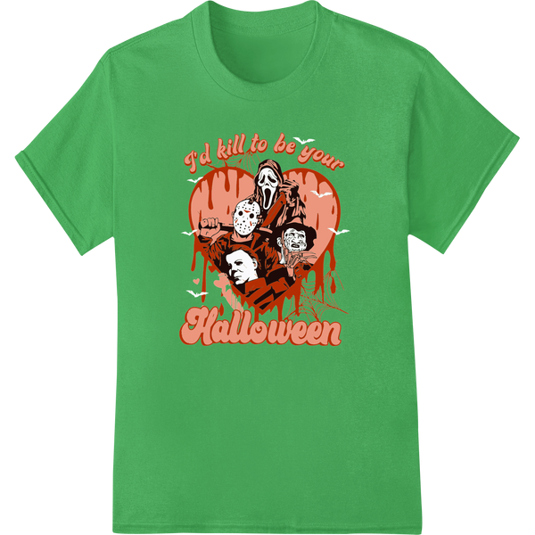 A print transfer design featuring iconic horror movie villains like Freddy Krueger, Michael Myers, and Jason Voorhees for...