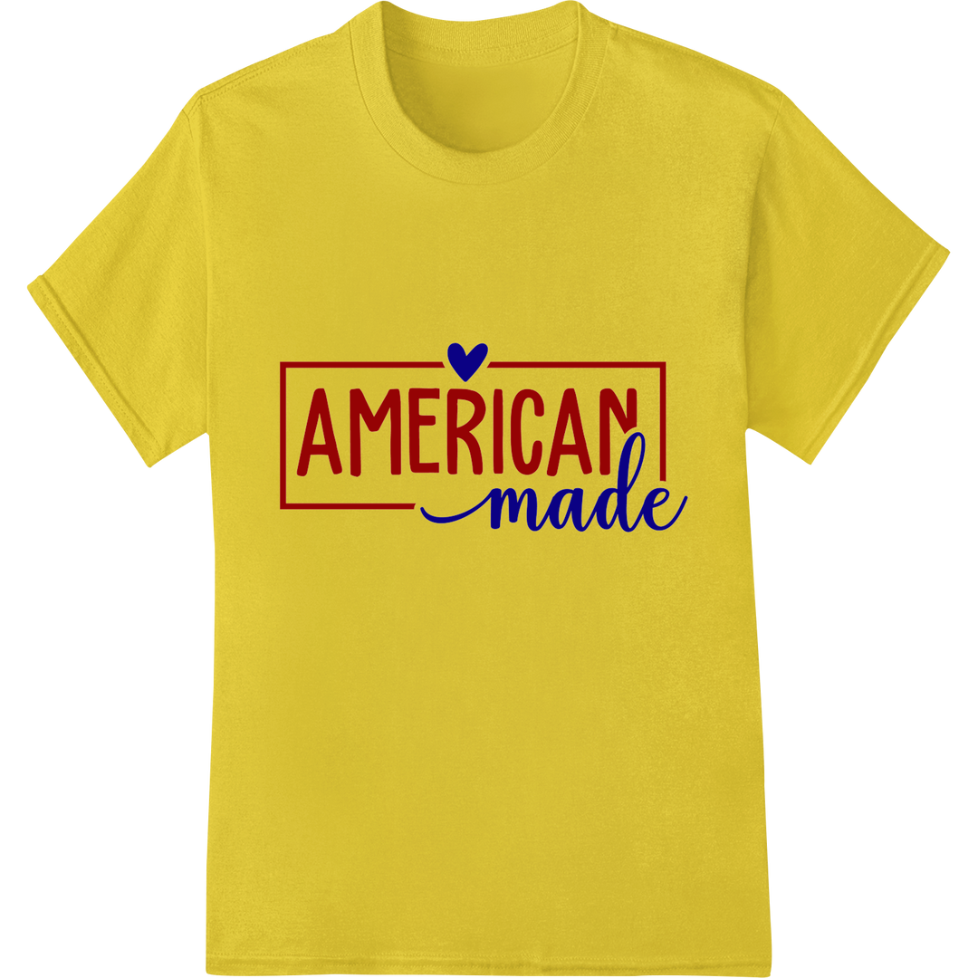 Bold Patriotic 'AMERICAN made' DTF Print Heat Transfer on yellow shirt - SUPERDTF-DTF Prints-DTF Transfers-Custom DTF Prints