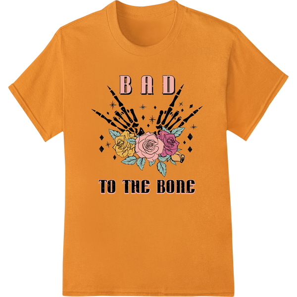 Edgy 'BAD TO THE BONE' Skeleton Hand Graphic Print Heat Transfer on orange shirt - SUPERDTF-DTF Prints-DTF Transfers-Custom DTF Prints