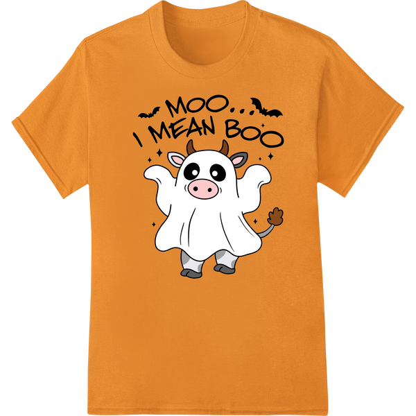 Expert DTF print shop craftsmanship on Moo-Boo Cow Ghost: Spooky Cute Halloween Fun