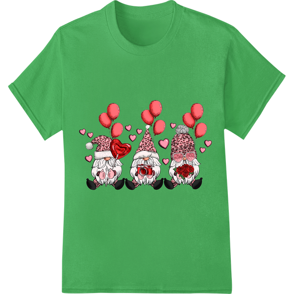 Adorable Gnome Trio with Heart Balloons - Valentine's DTF on green shirt - SUPERDTF-DTF Prints-DTF Transfers-Custom DTF Prints