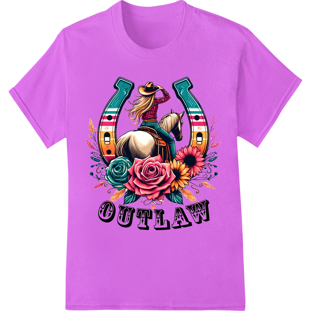 Rebel Cowgirl Outlaw DTF Print Heat Transfer - Vintage Style on purple shirt - SUPERDTF-DTF Prints-DTF Transfers-Custom DTF Prints