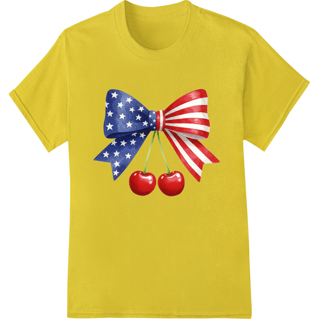 Patriotic USA Flag Bow & Cherries DTF Print Heat Transfer on yellow shirt - SUPERDTF-DTF Prints-DTF Transfers-Custom DTF Prints