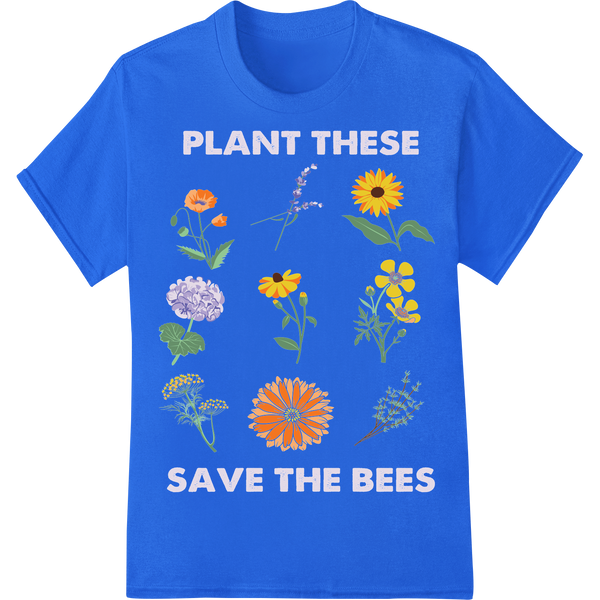 Plant These, Save the Bees: Vibrant Floral DTF Print on blue shirt - SUPERDTF-DTF Prints-DTF Transfers-Custom DTF Prints