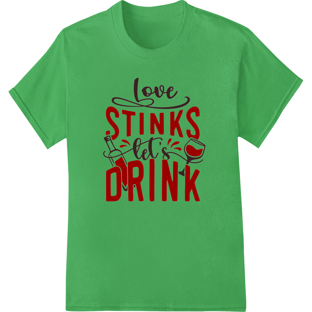 Witty 'Love Stinks Let's Drink' Valentine's Day DTF Print on green shirt - SUPERDTF-DTF Prints-DTF Transfers-Custom DTF Prints