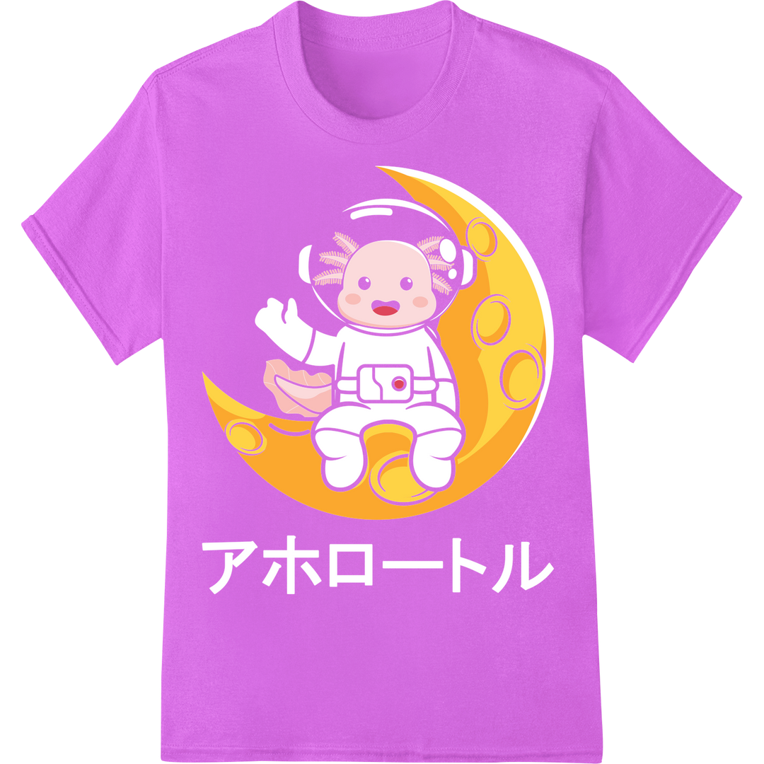 Adorable Axolotl on Moon: Cute Animal DTF Print Transfer on purple shirt - SUPERDTF-DTF Prints-DTF Transfers-Custom DTF Prints