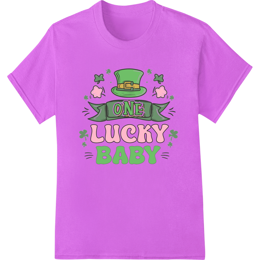 Adorable 'One Lucky Baby' St. Patrick's Day DTF Print on purple shirt - SUPERDTF-DTF Prints-DTF Transfers-Custom DTF Prints