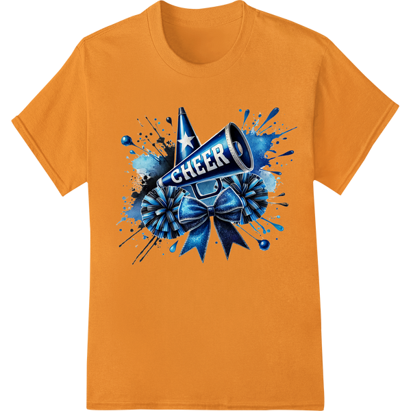 Bold Cheerleading Spirit: Vibrant Blue 'CHEER' DTF Print on orange shirt - SUPERDTF-DTF Prints-DTF Transfers-Custom DTF Prints