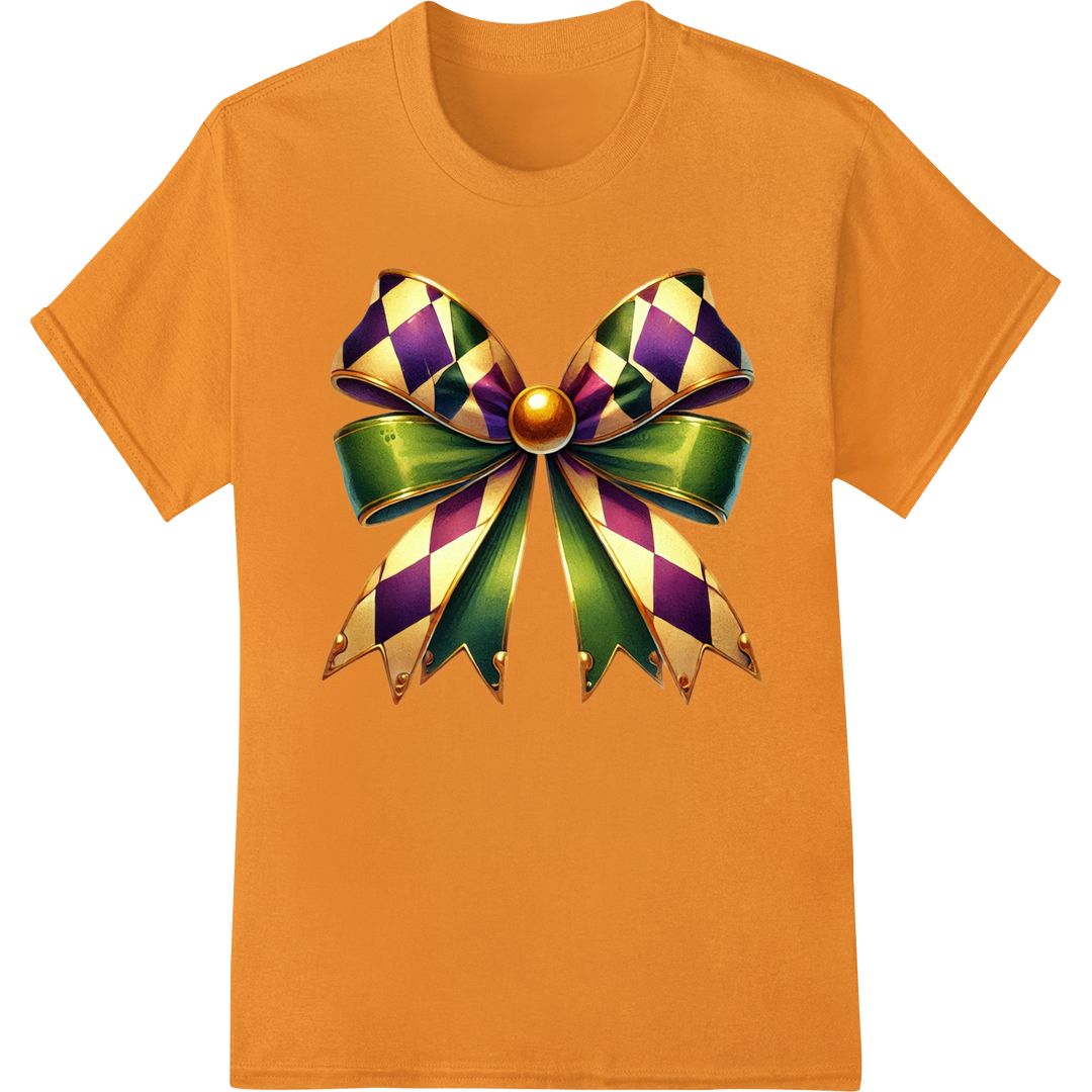 Vibrant Mardi Gras Bow DTF Print | Festive Geometric Design on orange shirt - SUPERDTF-DTF Prints-DTF Transfers-Custom DTF Prints