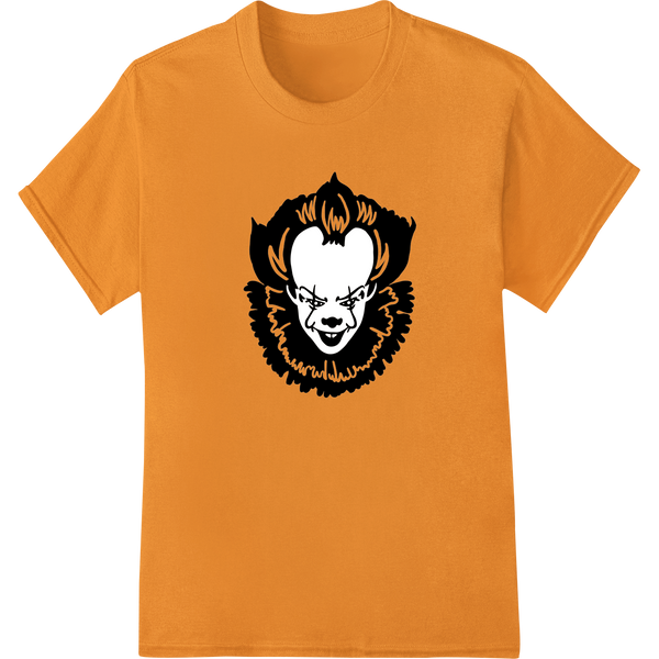 Black silhouette design of the creepy Pennywise clown from IT against an orange background, ideal for Halloween DTF prints