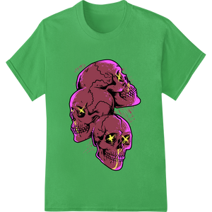 Expert apparel decoration craftsmanship on Haunting Pink Skull Trio: Edgy Halloween DTF Print