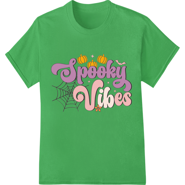 Spooky Vibes playful Halloween DTF print design featuring ghosts, pumpkins, and fun graphics for custom apparel decoration.