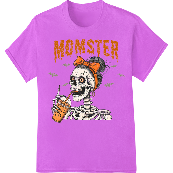 Spooky 'Momster' Skeleton Halloween DTF Heat Transfer showcasing advanced customized apparel technology