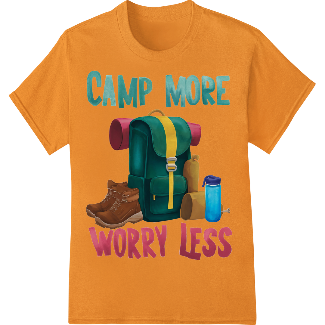 Camp More Worry Less Vintage Camping Outdoor Adventure DTF Print on orange shirt - SUPERDTF-DTF Prints-DTF Transfers-Custom DTF Prints