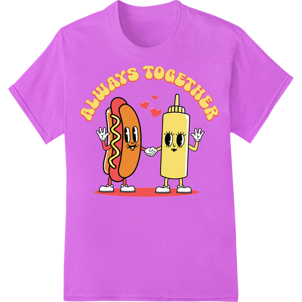 Adorable 'Always Together' Hot Dog & Mustard Valentine Print on purple shirt - SUPERDTF-DTF Prints-DTF Transfers-Custom DTF Prints