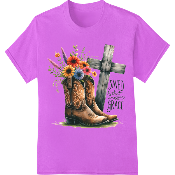 Rustic Faith: 'SAVED by Amazing Grace' Cross DTF Print on purple shirt - SUPERDTF-DTF Prints-DTF Transfers-Custom DTF Prints