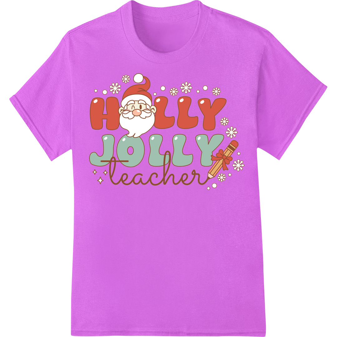 Retro HOLLY JOLLY Teacher Christmas DTF Print Transfer on purple shirt - SUPERDTF-DTF Prints-DTF Transfers-Custom DTF Prints