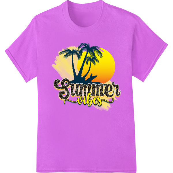 A colorful and vibrant design featuring palm trees and tropical elements, ideal for heat transfer printing on summer apparel.