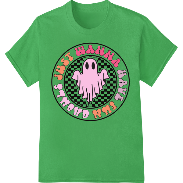 A cute pink ghost with a spooky expression on a black and white checkered background, DTF transfer print for heat pressing.