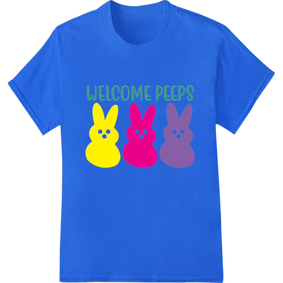 Adorable Easter Bunny Peeps DTF Print Heat Transfer on blue shirt - SUPERDTF-DTF Prints-DTF Transfers-Custom DTF Prints