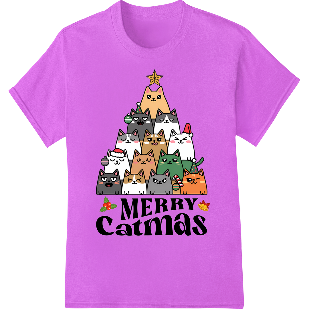 Adorable 'Merry Catmas' DTF Print Heat Transfer | Cat Lovers on purple shirt - SUPERDTF-DTF Prints-DTF Transfers-Custom DTF Prints