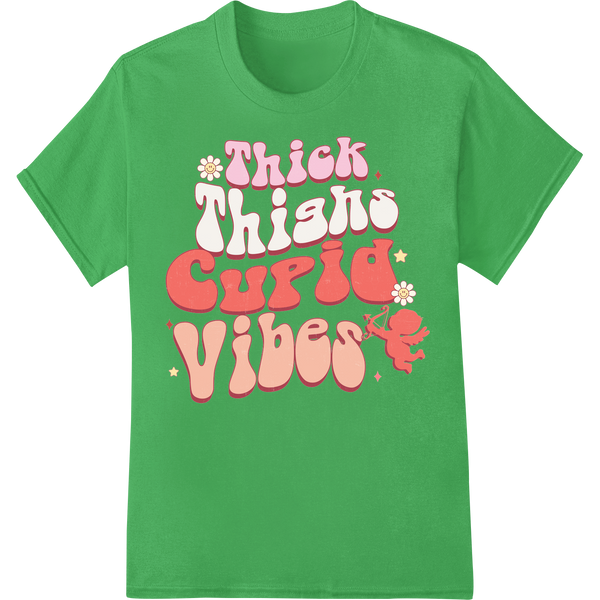 Retro 'Thick Thighs Cupid Vibes' Valentine's Day DTF Print on green shirt - SUPERDTF-DTF Prints-DTF Transfers-Custom DTF Prints