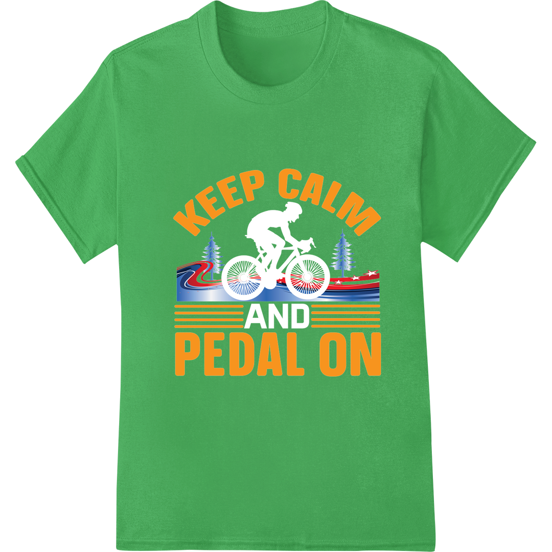 Keep Calm Pedal On: Patriotic Cycling DTF Heat Transfer on green shirt - SUPERDTF-DTF Prints-DTF Transfers-Custom DTF Prints