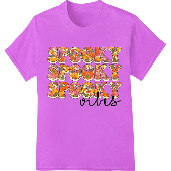 Colorful Halloween-themed text design with spooky vibes, perfect for DTF heat transfers on t-shirts and custom apparel.