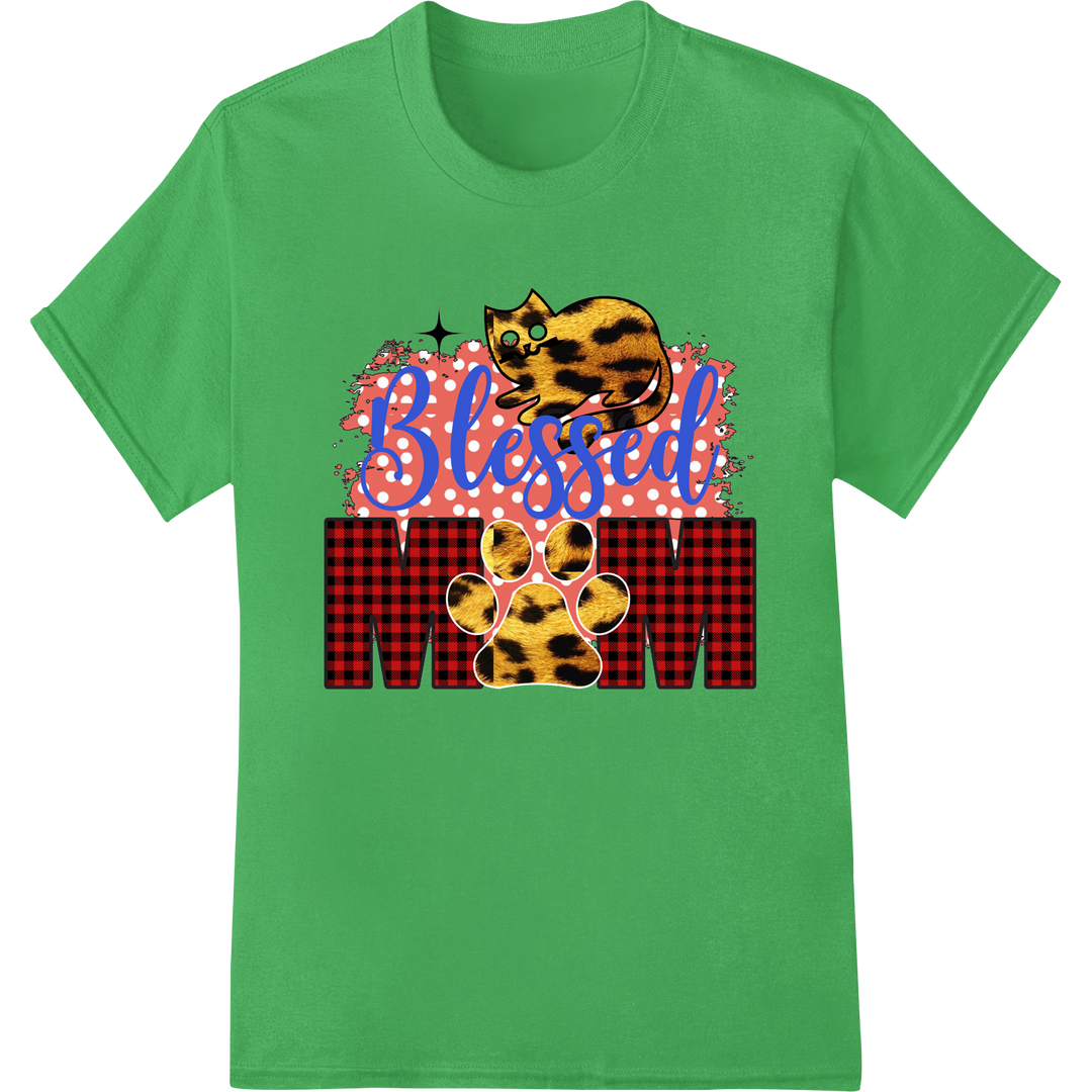 Blessed Cat Mom Leopard Plaid Hearts DTF Print Transfer on green shirt - SUPERDTF-DTF Prints-DTF Transfers-Custom DTF Prints