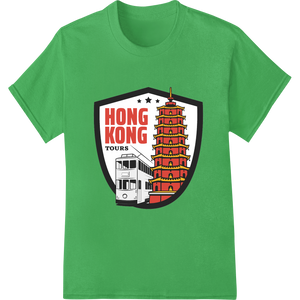 Discover Hong Kong: Iconic Tram & Tower Heat Transfer made with premium apparel decoration