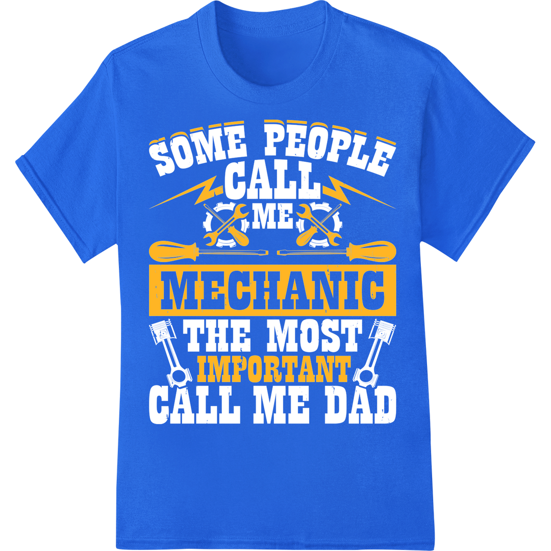 Bold 'Mechanic Important' DTF Print Heat Transfer on blue shirt - SUPERDTF-DTF Prints-DTF Transfers-Custom DTF Prints