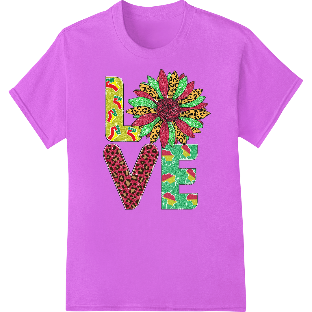 Vibrant Valentine's Day 'LOVE' Floral Animal Print Design on purple shirt - SUPERDTF-DTF Prints-DTF Transfers-Custom DTF Prints