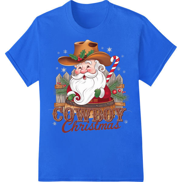 Cowboy Santa's Rustic Christmas Magic | DTF Print Transfer on blue shirt - SUPERDTF-DTF Prints-DTF Transfers-Custom DTF Prints