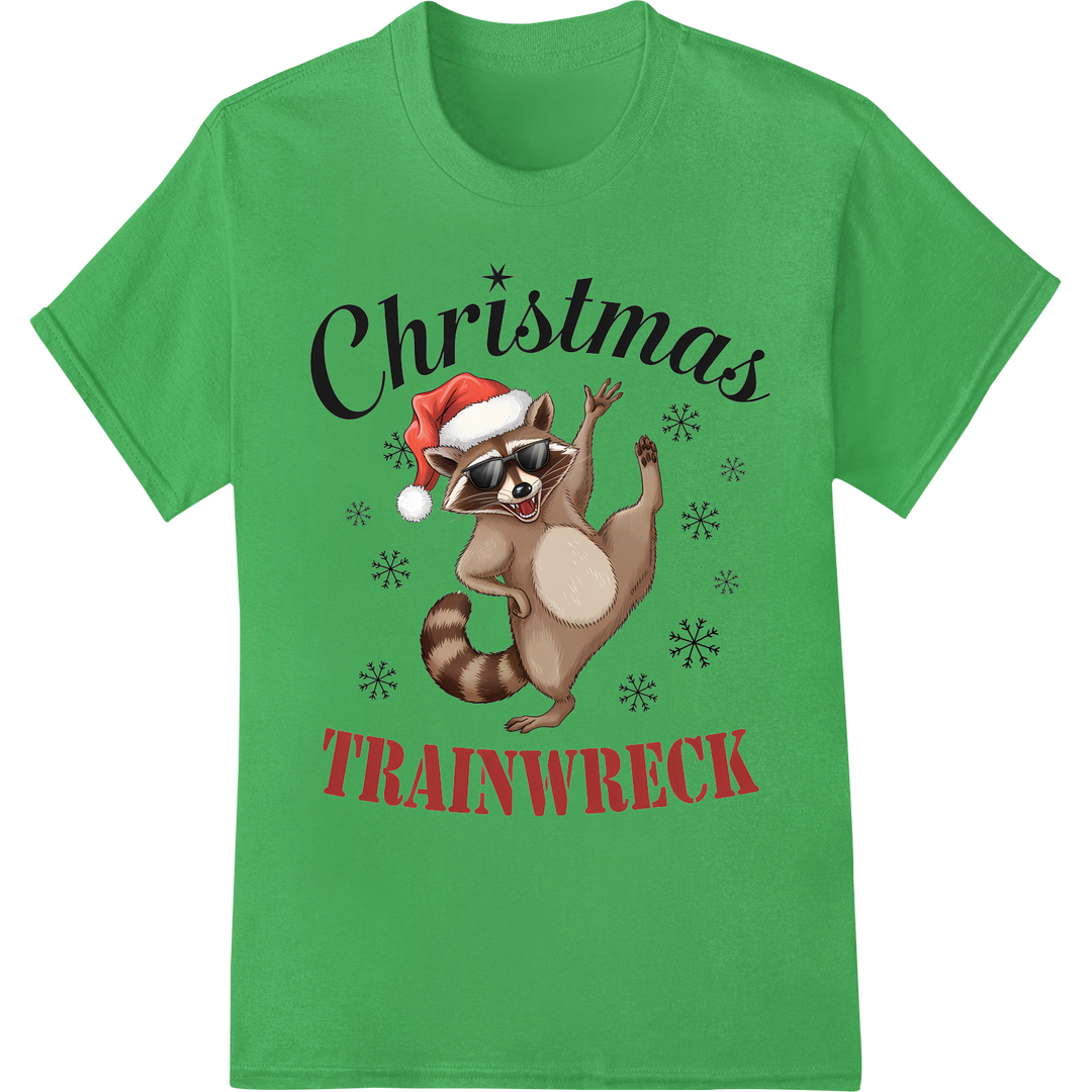 Hilarious 'Christmas Trainwreck' Raccoon DTF Print Transfer on green shirt - SUPERDTF-DTF Prints-DTF Transfers-Custom DTF Prints