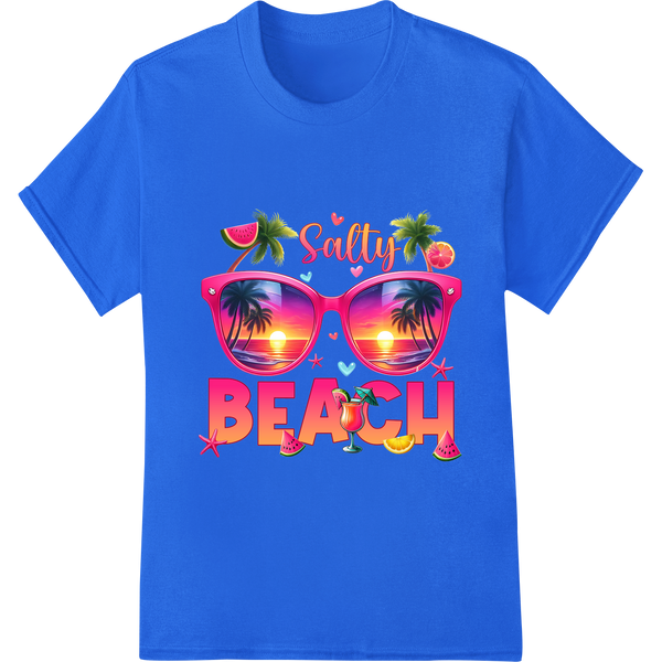 Salty BEACH: Vibrant Summer Sunglasses DTF Print Transfer on blue shirt - SUPERDTF-DTF Prints-DTF Transfers-Custom DTF Prints