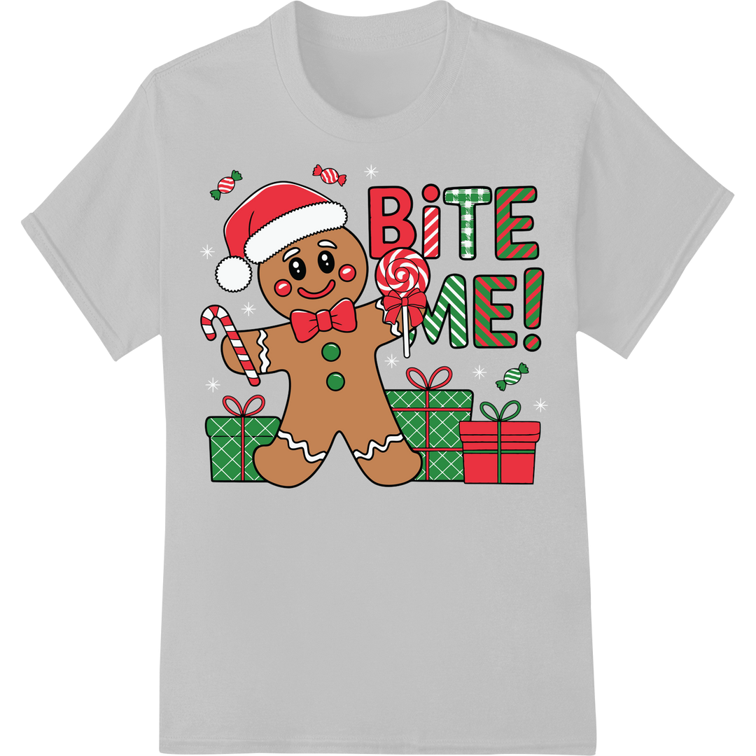 Festive 'Bite Me!' Gingerbread Man DTF Print Heat Transfer on white shirt - SUPERDTF-DTF Prints-DTF Transfers-Custom DTF Prints