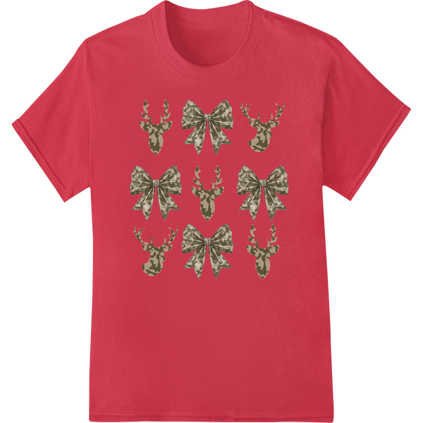 Festive Deer Head Prints with Bows - Rustic Holiday Charm on red shirt - SUPERDTF-DTF Prints-DTF Transfers-Custom DTF Prints