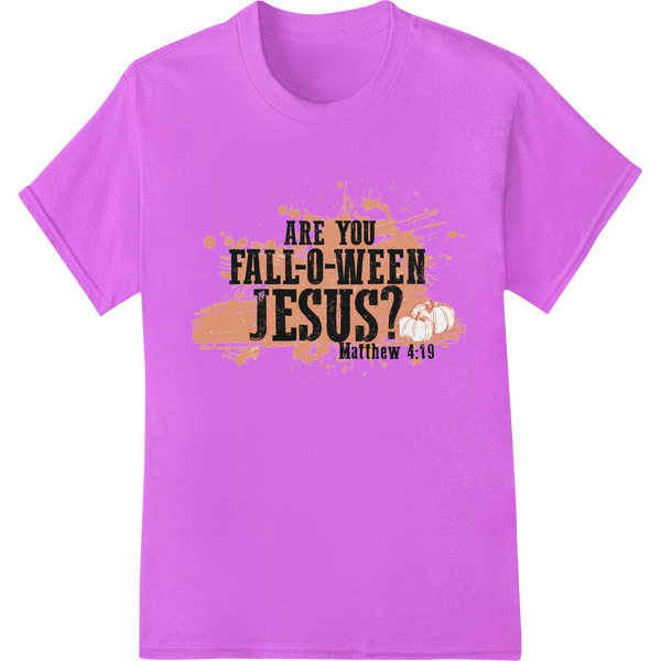 Bold 'FALL-O-WEEN JESUS' DTF Heat Transfer Design on purple shirt - SUPERDTF-DTF Prints-DTF Transfers-Custom DTF Prints