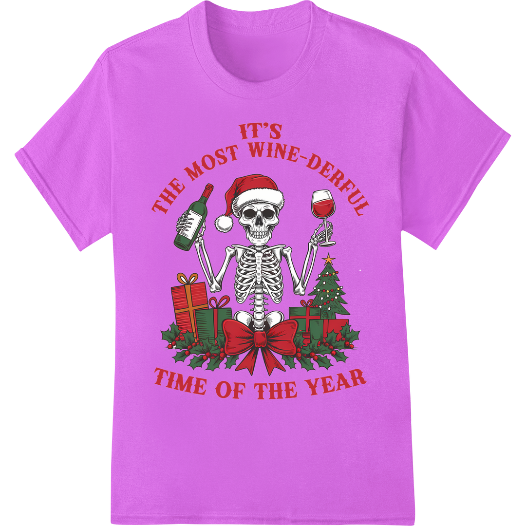 Wine-derful Xmas: Festive Skeleton DTF Print Heat Transfer on purple shirt - SUPERDTF-DTF Prints-DTF Transfers-Custom DTF Prints