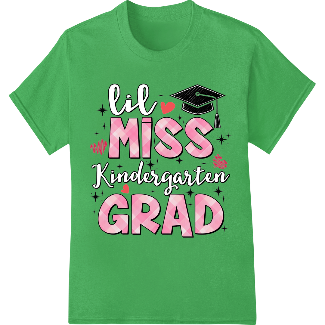 Adorable 'Lil Miss Kindergarten Grad' DTF Print Heat Transfer on green shirt - SUPERDTF-DTF Prints-DTF Transfers-Custom DTF Prints