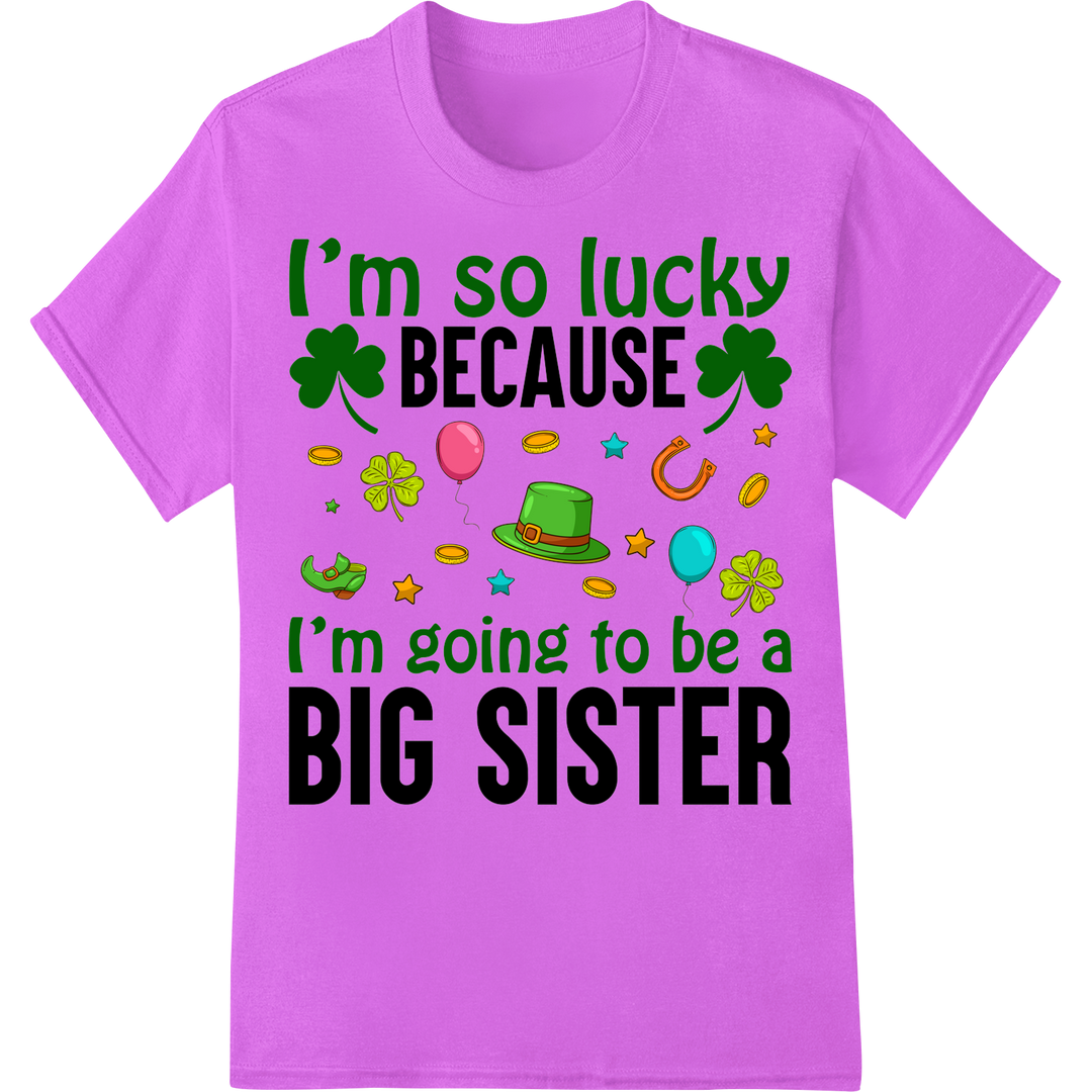 Lucky Big Sister St. Patrick's Day Pregnancy Reveal DTF Print on purple shirt - SUPERDTF-DTF Prints-DTF Transfers-Custom DTF Prints