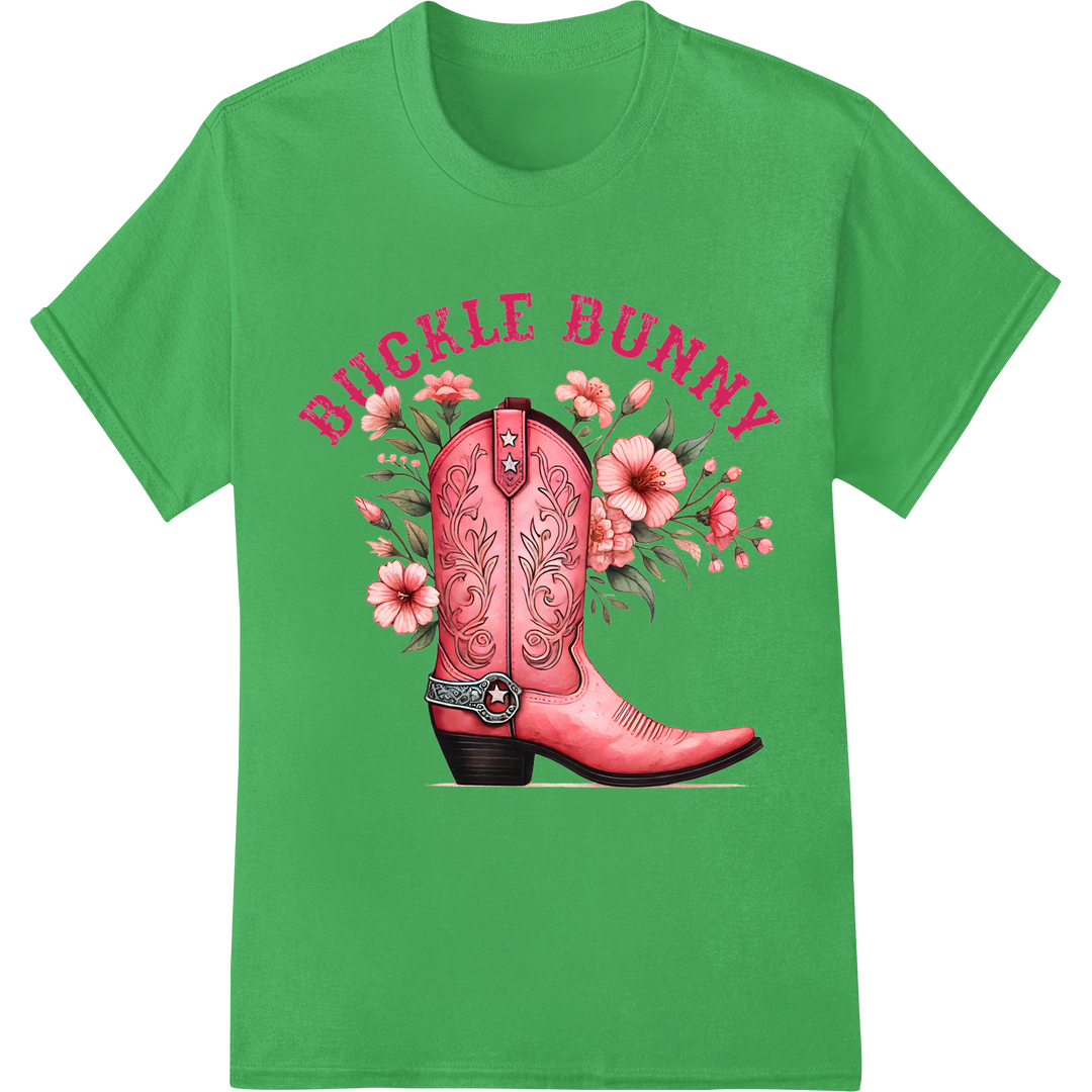 Pink Western Floral Cowboy Boots DTF Print Heat Transfer on green shirt - SUPERDTF-DTF Prints-DTF Transfers-Custom DTF Prints